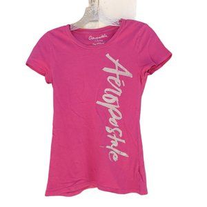Aeropostale Pink Tee with Silver "Aeropostale" on Shirt Front - Size M